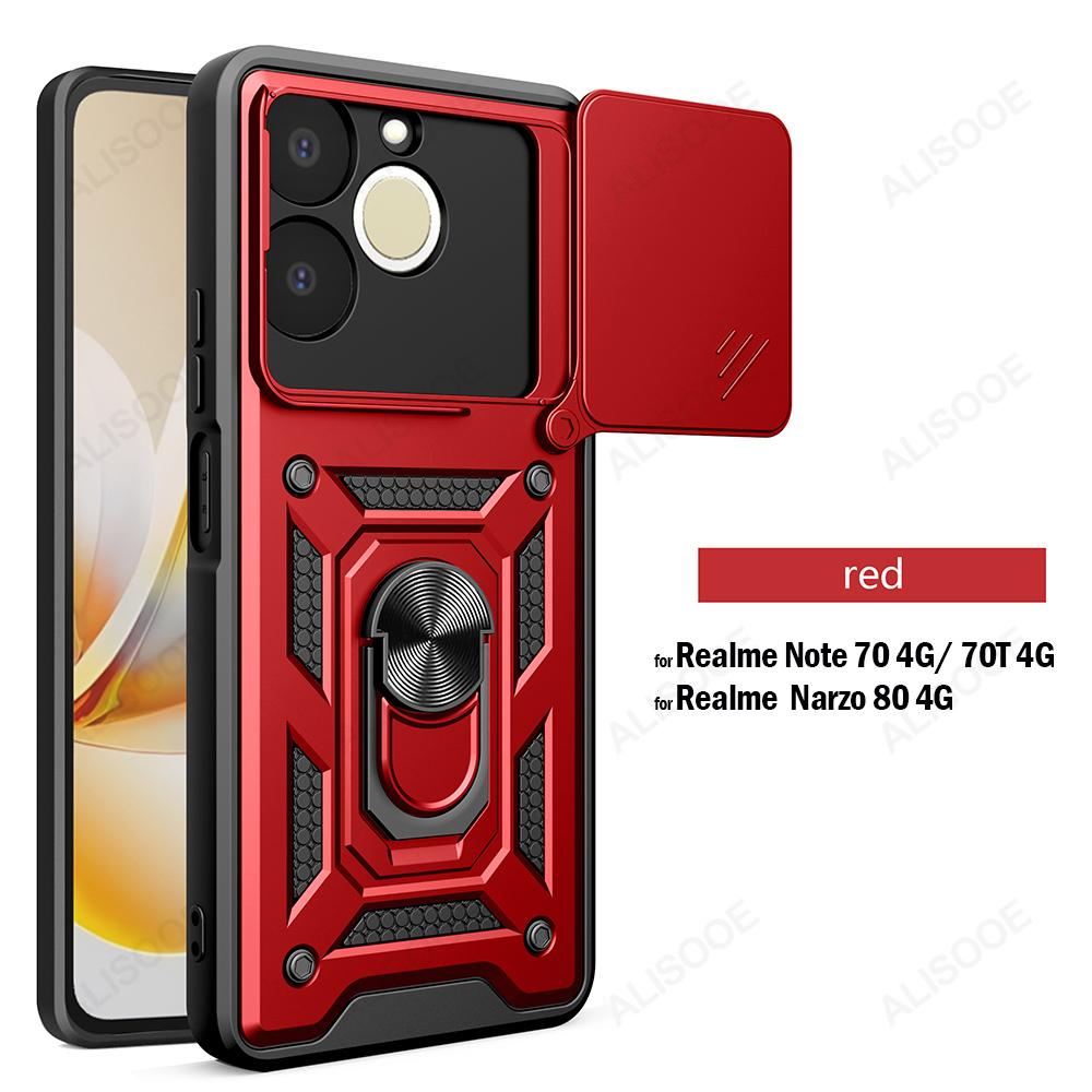 

Зсувна кришка камери для Realme Note 70 70T 4G Narzo 80 4G Чохол Кільце Підставка Тримач Повний Захист Ударостійкий Чохол для Телефона Capa Funda Realme Note 70T 4G червоний