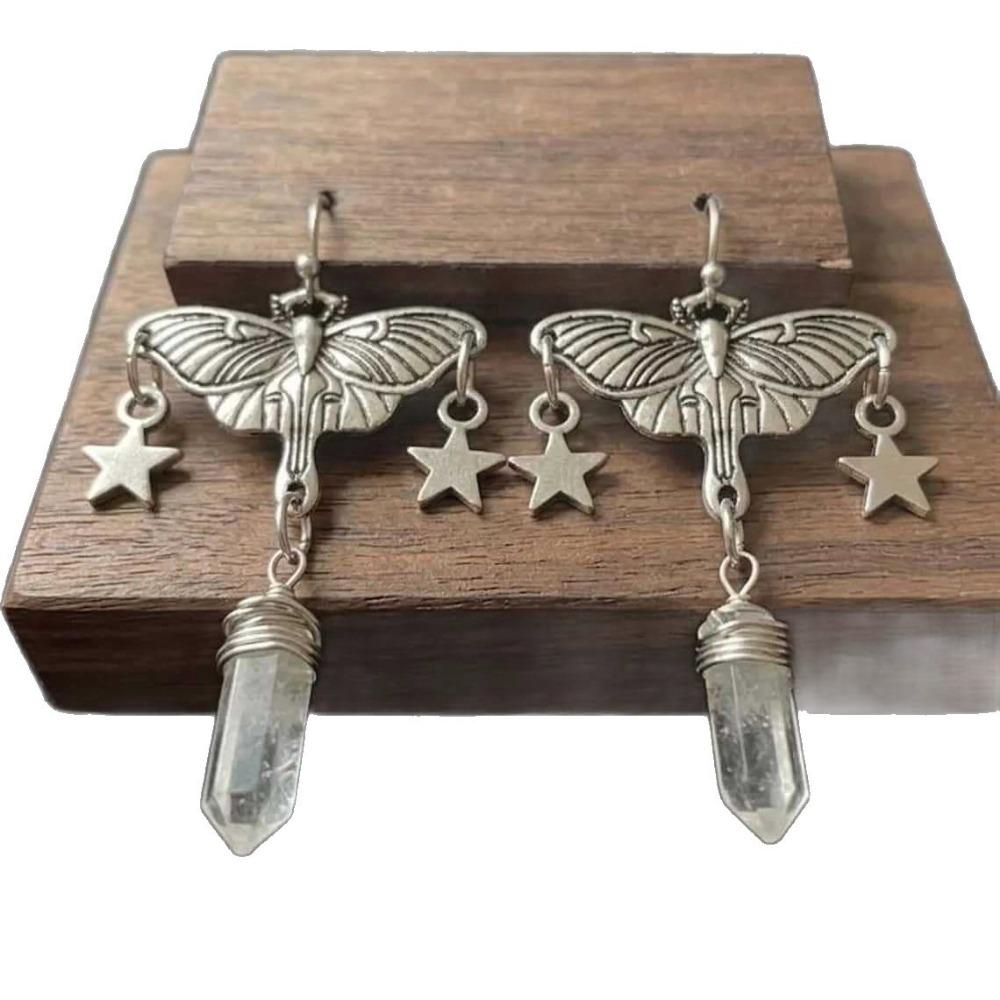White Crystal Pendant Silver Color Star Tassel Carved Moth Dangle Earrings for Women Gothic Witchcraft Style Aesthetics Jewelry
