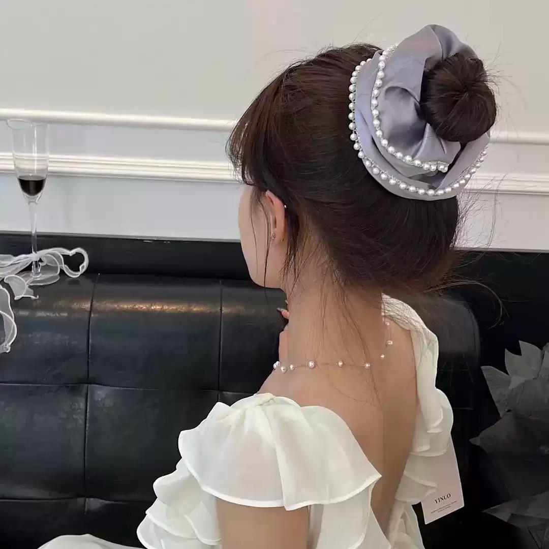 Korean Purple Satin Beaded Scrunchie Hair Clip - Versatile High-End Accessory