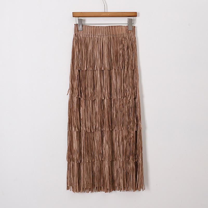 Elegant Rose Red Tassel High-Waisted Skirt for Women