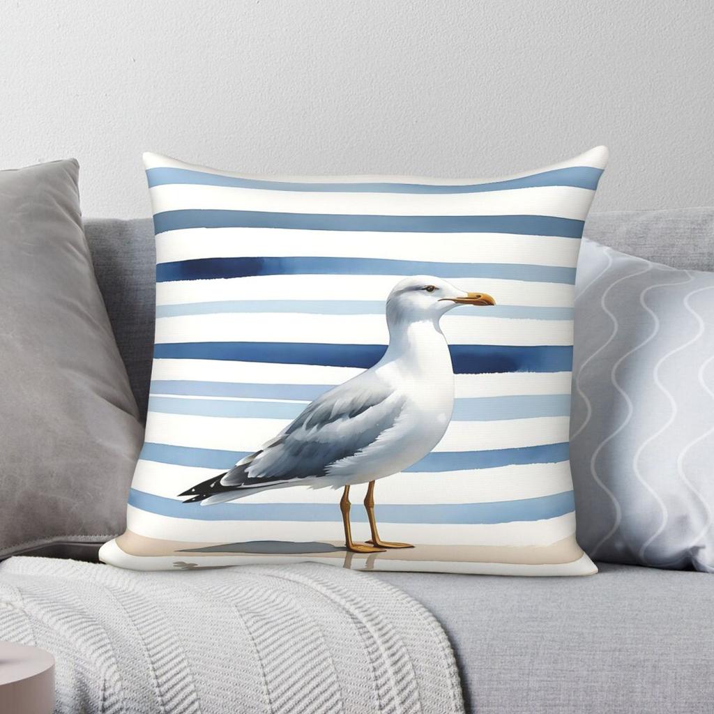 Beach House Charm Seagull Square Pillowcase Polyester Linen Velvet Printed Zip Decor Throw Pillow Case Sofa Seater Cushion Cover