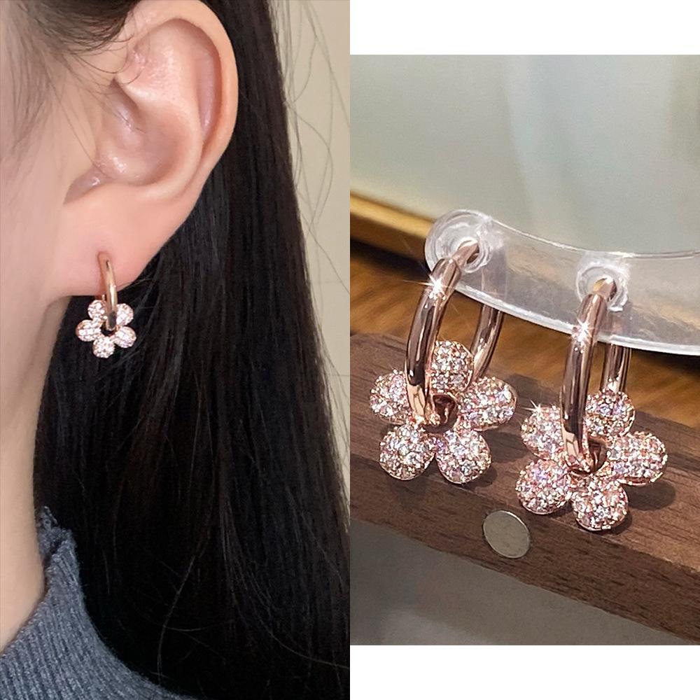 INS Micro-Paved Diamond Flower Earrings - Women's Luxury, Simple, Lightweight Fashion