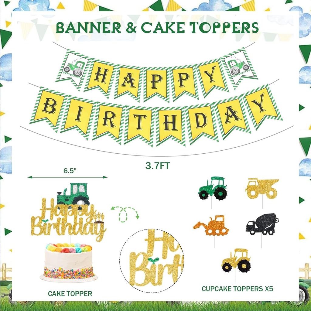 Tractor Birthday Party Decorations, Farm Green Tractor Theme Birthday Decorations Backdrop Balloon Garland Arch Banner Cake Cupcake Topper Tractor