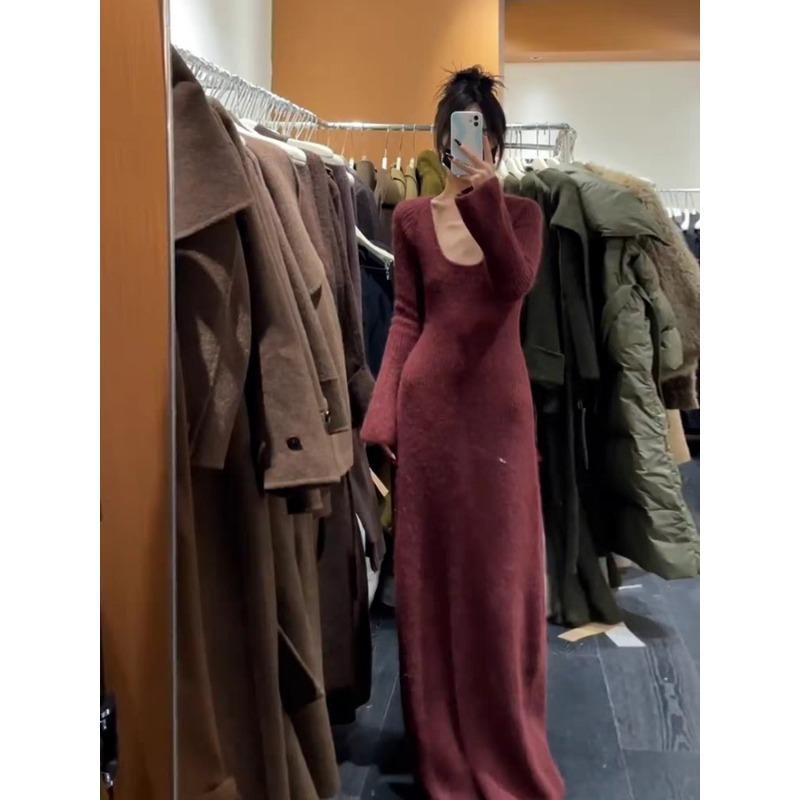 

Осень и зима нежный ветер показывает тело красное вязаное платье высокое чувство темперамент сексуальное модное платье XL бордовый