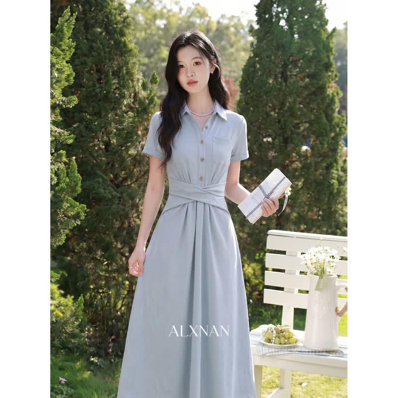 Women s Stylish Blue Lapel Collar A-Line Dress S
