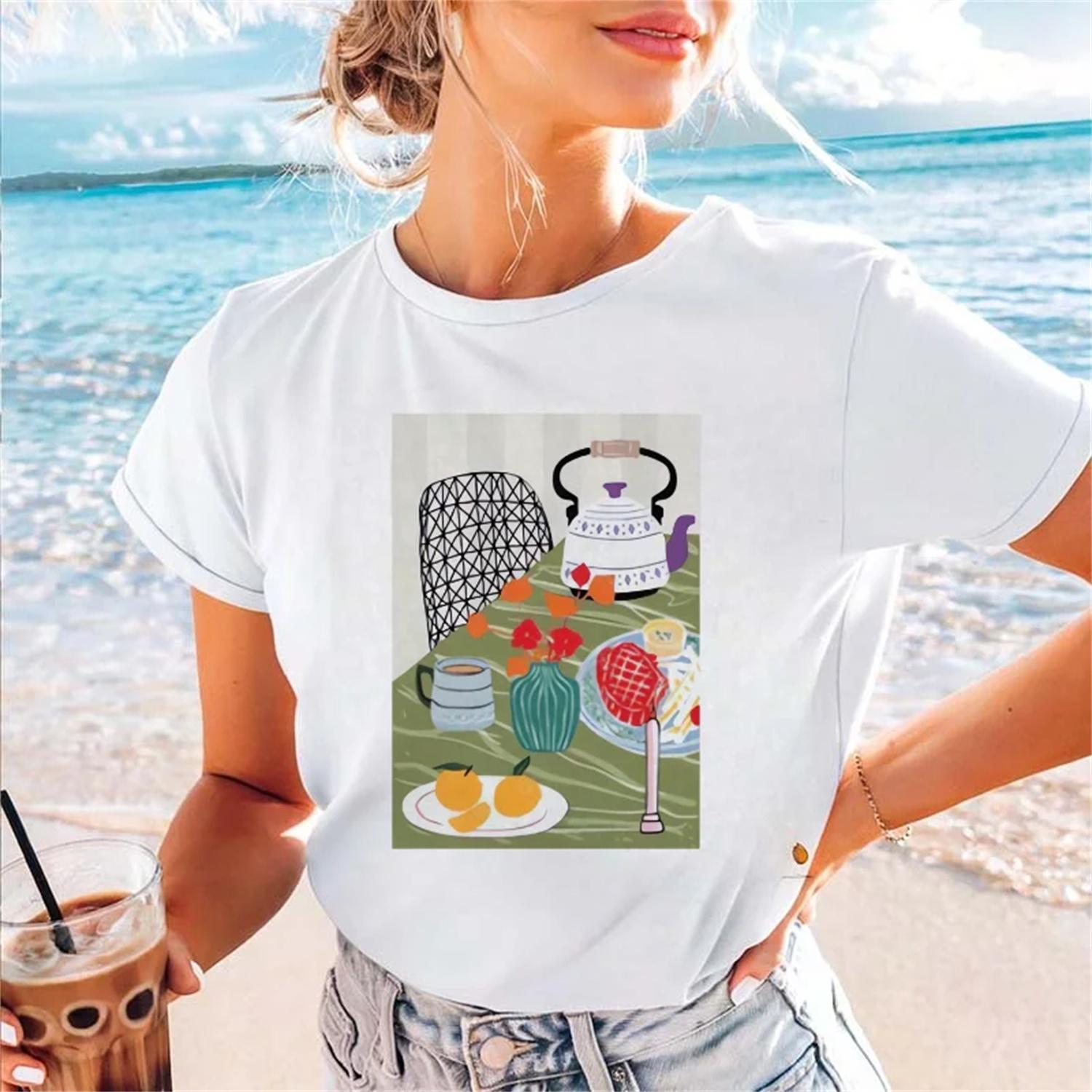 Printed Pattern Trendy Top Style Short Sleeved Women s Beach Travel Print 2025 New Summer O-Neck Casual Fun Basic T-Shirt S