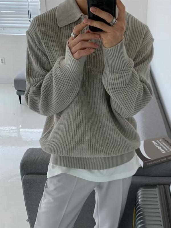 Men's Retro Half-Zip Turn-Down Collar Sweater, Autumn/Winter Style, Loose Casual Knitwear.