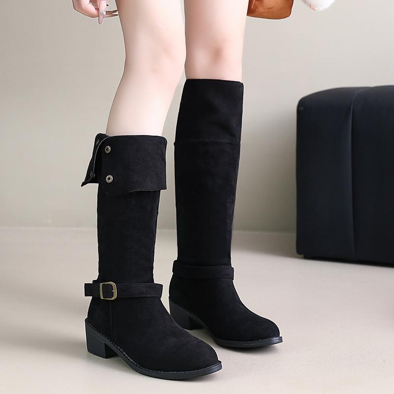 Knee High Boots Women's Fashion Round Toe Studded Metal Buckle Non-Slip Wear-Resistant Block Heel Suede Single Boots
