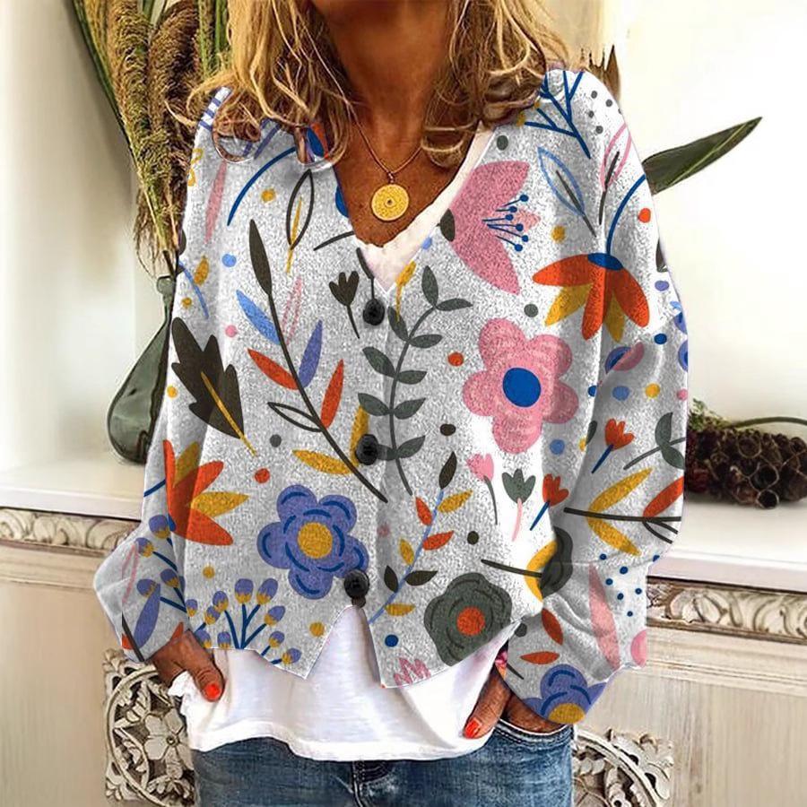 2026 Trending Women's Digital Print V-Neck Cardigan Sweater - Short, Long-Sleeve Design