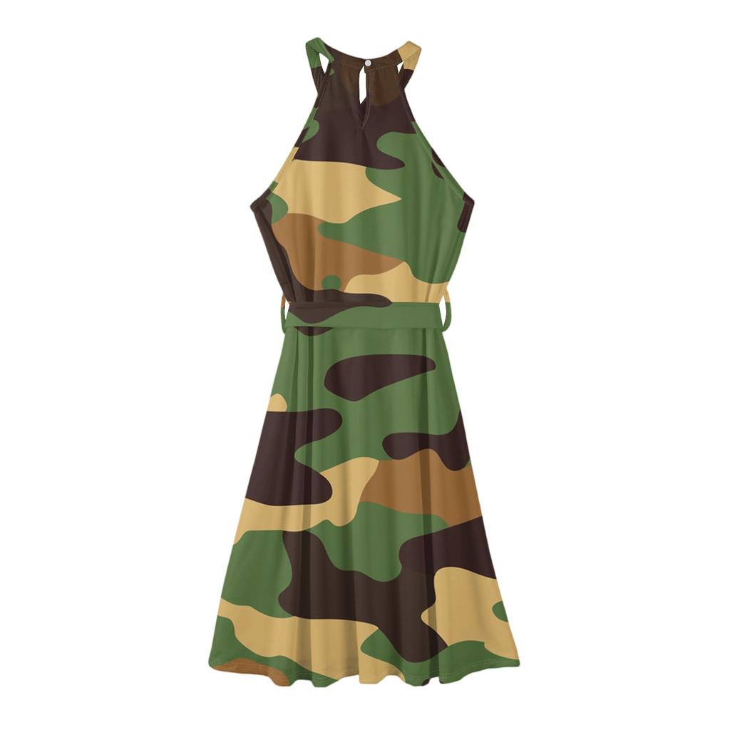 Dámské ležérní midi šaty s kulatým výstřihem, základní klasické venkovní každodenní bez rukávů volné boho šaty na zavazování, letní plážové šaty