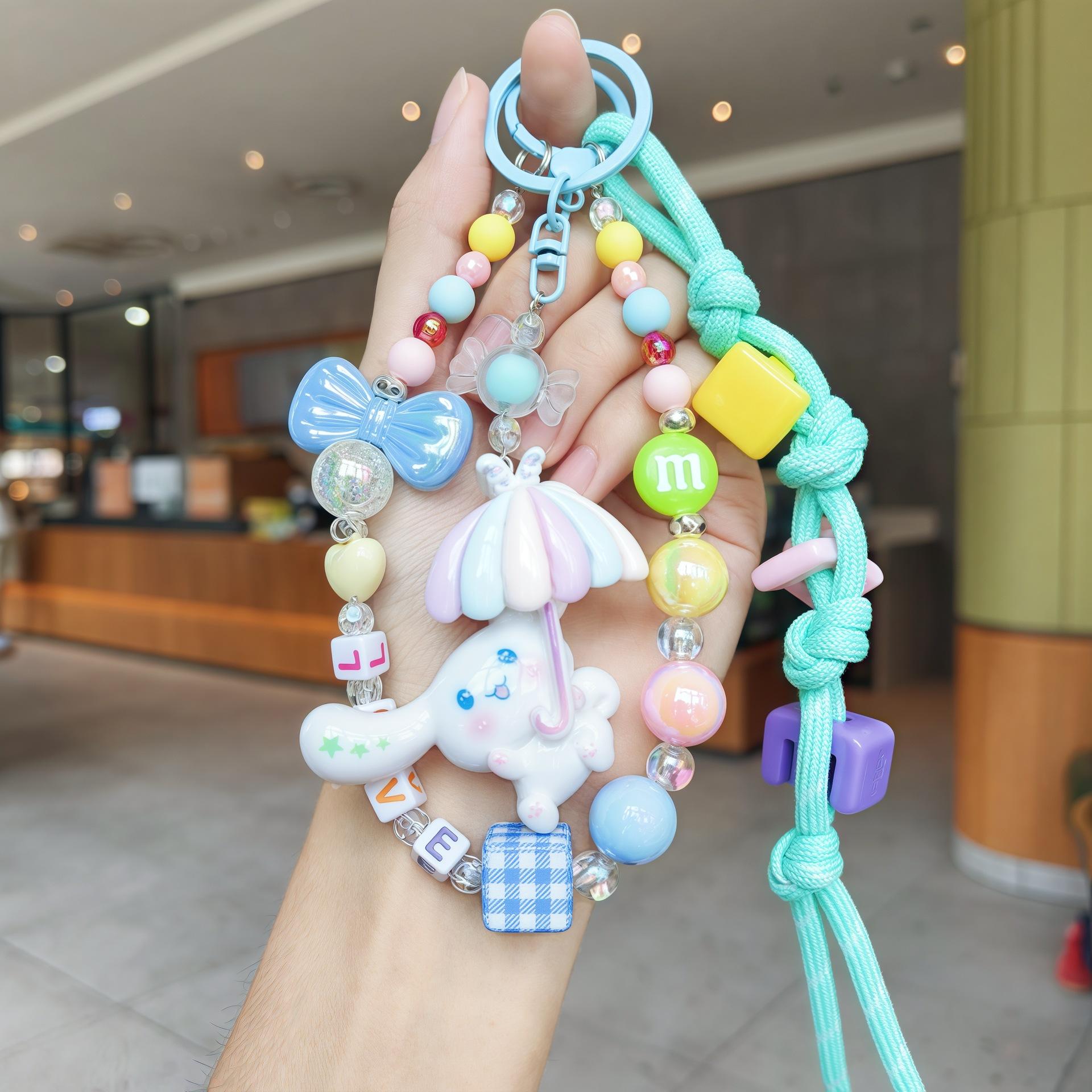 

Macaron Dopamine Beaded Umbrella Sanrio Doll Lanyard Car Keychain Bag Mobile Phone Pendant
