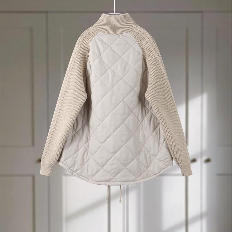 Women's OverSize Loose Cotton Parka Quilting Design Spliced Knitted Long Sleeve Zipper Stand Up Collar Thin Coat Drawstring Hem Overwear Autumn Winter