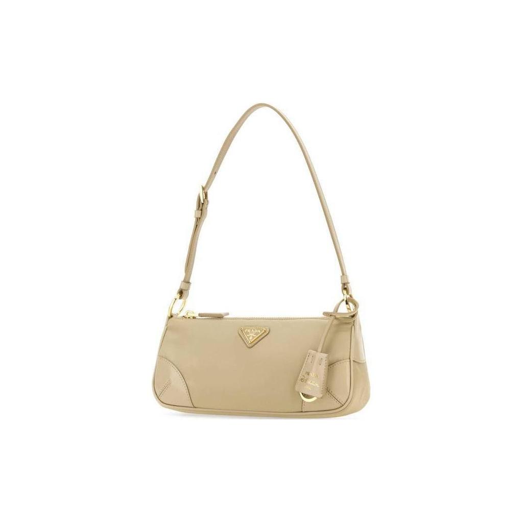 Prada Re-Nylon 2002 Enamel Metal Triangle Logo Zipper Closure Recycled Nylon And Glossy Leather Tote Shoulder Bag Women Bags Beige 1BC201_R789_F0F24