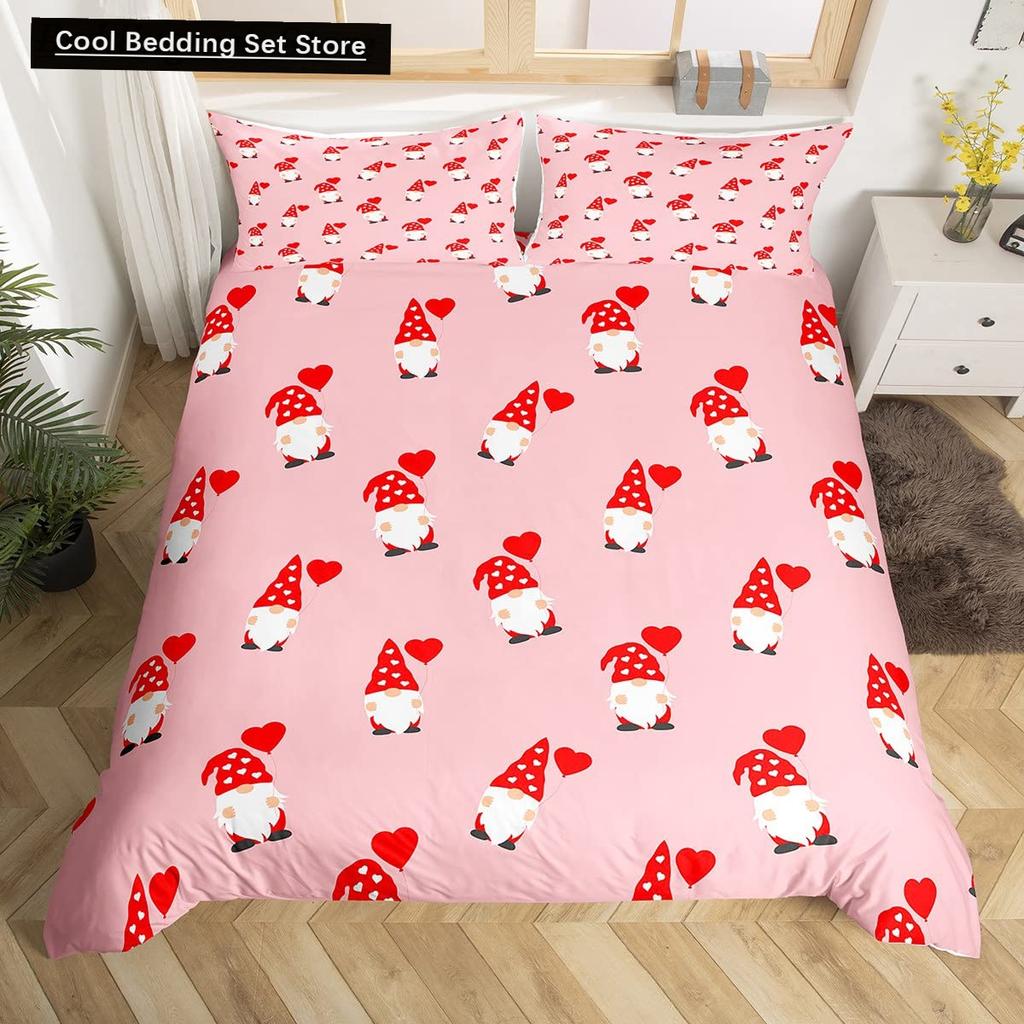 Valentinstag King Bettbezug Romantisches Bettwäsche-Set Kawaii Paar Wichtel Bettdeckenbezug Rosa Rosen Herzen Polyester Steppdeckenbezug