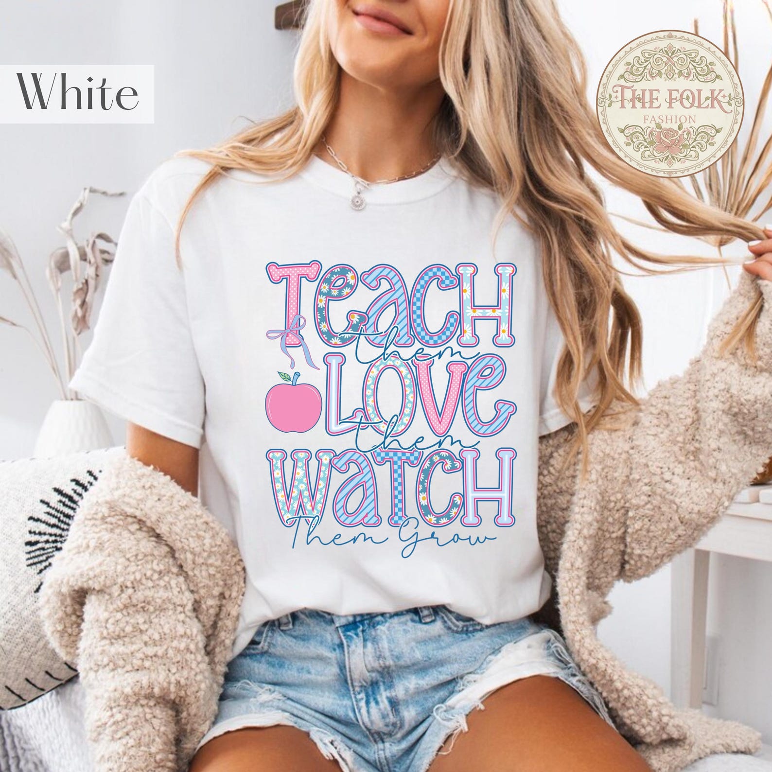 Teach Them Love Them Shirt, Retro Watch Them Grow Tee, Pink Apple Teacher Gift, Preppy Back to School Tshirt, Cute Elementary Teacher Top 4XL