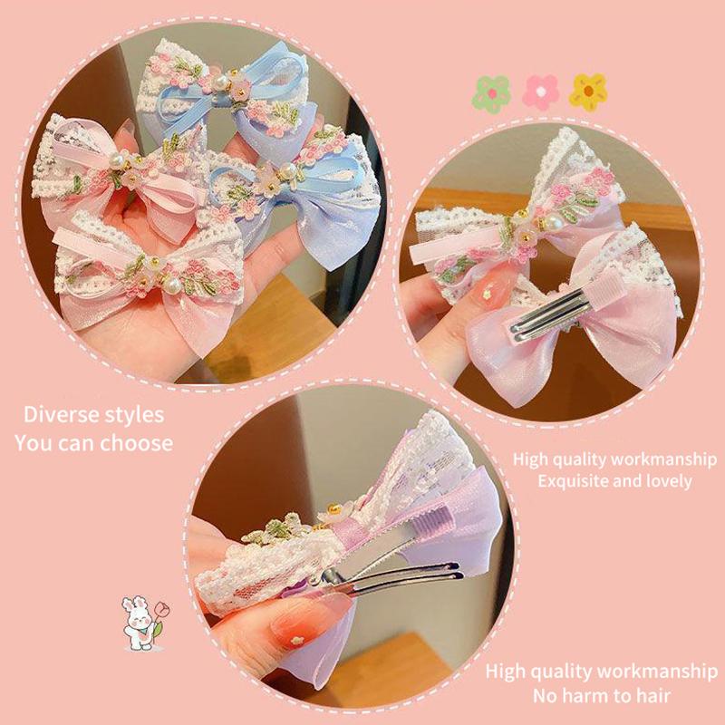 1Pair Cartoon Fashion Floral Embroidery Lace Pearl Bowknot Barrettes Cute Kid Princess Hair Clip Hair Accessories Girls Gifts
