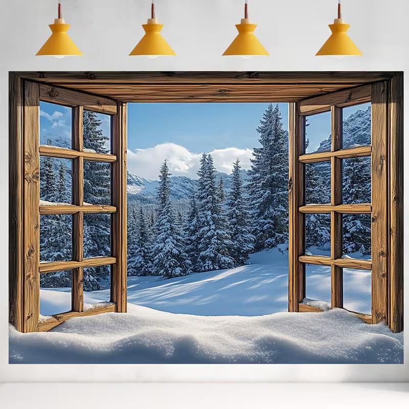 2D Rustic Window Snowy Forest Backdrop Winter Landscape Portrait Photography Background
