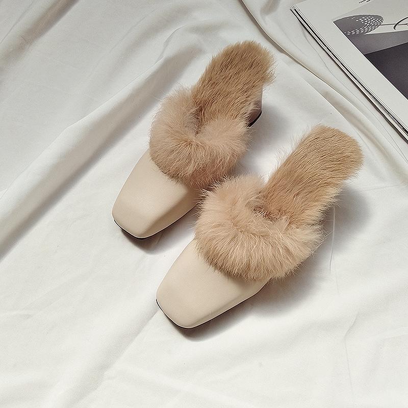 Fashion Autumn Winter Retro Square Toe Mules Women Warm Plush Fur Slippers Metal Thick Heel Slip On Flip Flops Comfort Furry Hair Slides