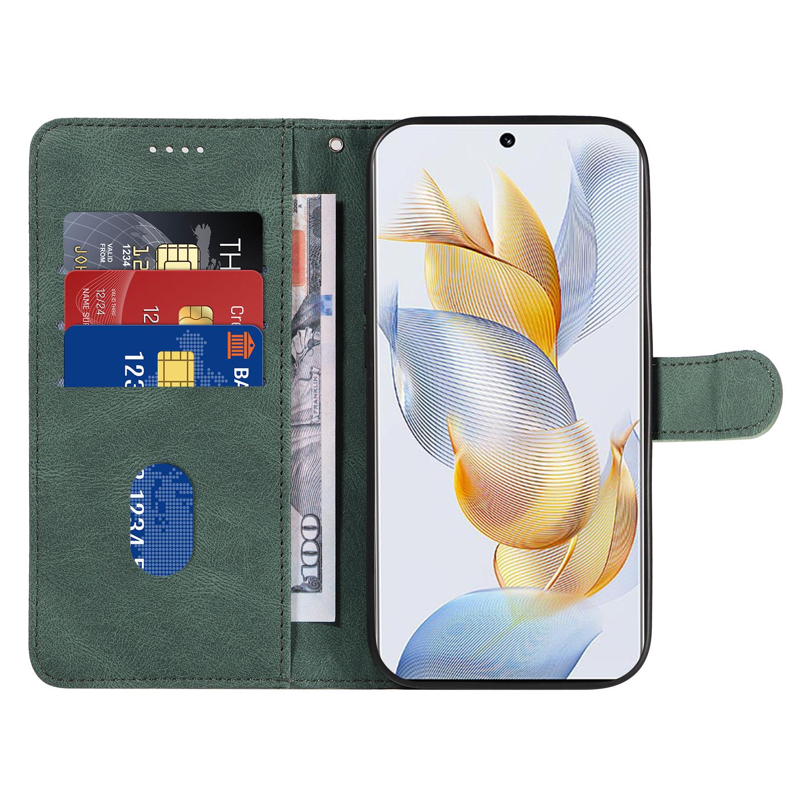 

For Honor 90 Anti-Scratch PU Leather Shell Imprinted Curved Line Wallet Stand Cell Phone Case Green