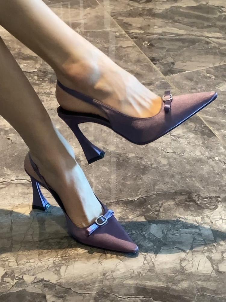 Burgundy Bow Buckle Rhinestone Sandals Women's Horseshoe Heel One-word Strap Sexy Celebrity High Heels