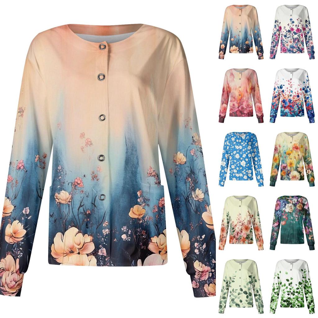 Women's Casual Long Sleeve Single Breasted Floral Print Caregiver Cardigan Top Lightweight Button Up Shirt for Daily Wear