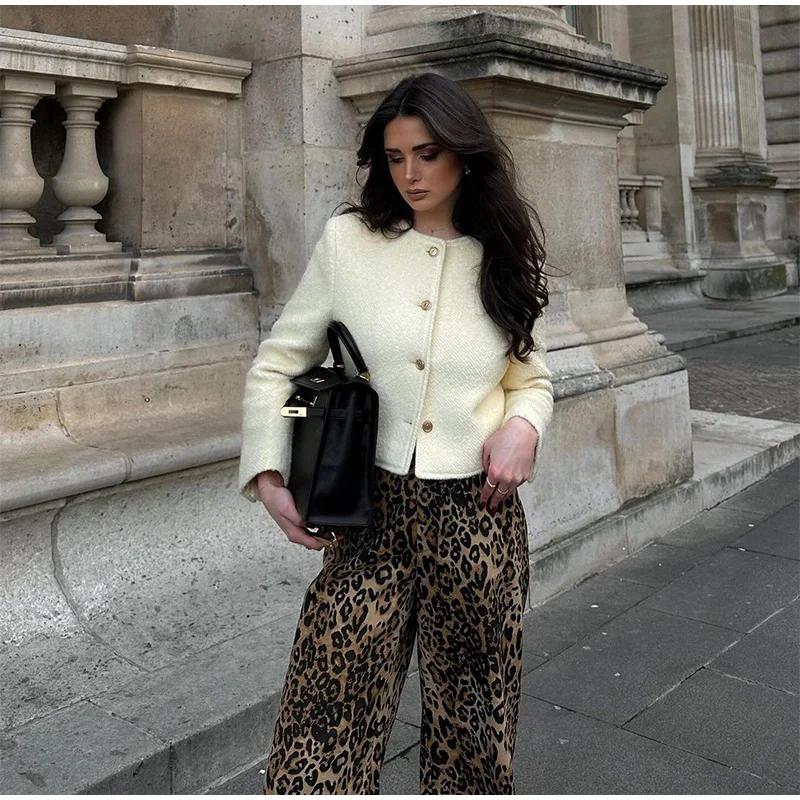 Осенний элегантный твидовый пиджак женский винтажный шерстяной однобортный с круглым — фото 4