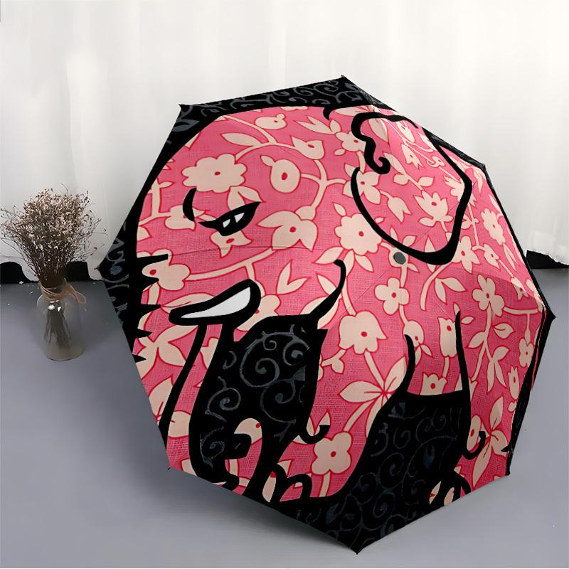 1pc Elephant Floral Automatic Folding Umbrella - Compact 8-Rib Design, Durable Plastic & Iron, Lightweight for Outdoor Daily Use012