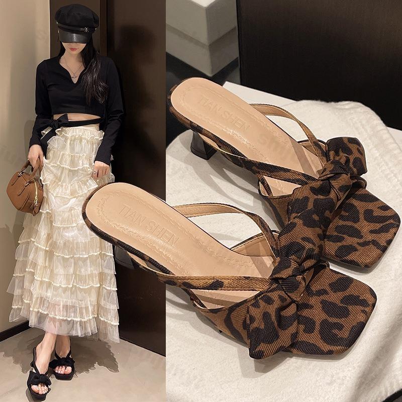 Fashion Summer Women's Slippers Leopard Print 2025 New Fashion Casual High-heeled Slippers French Bow Open Toe Square Toe Zapatos Mujer