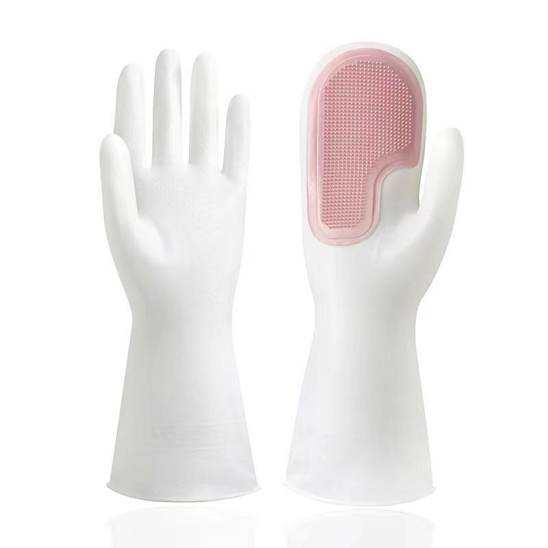 Magic Silicone Dishwashing Gloves with Soft Bristle Brush - Durable, Waterproof Kitchen Cleaning Gloves.