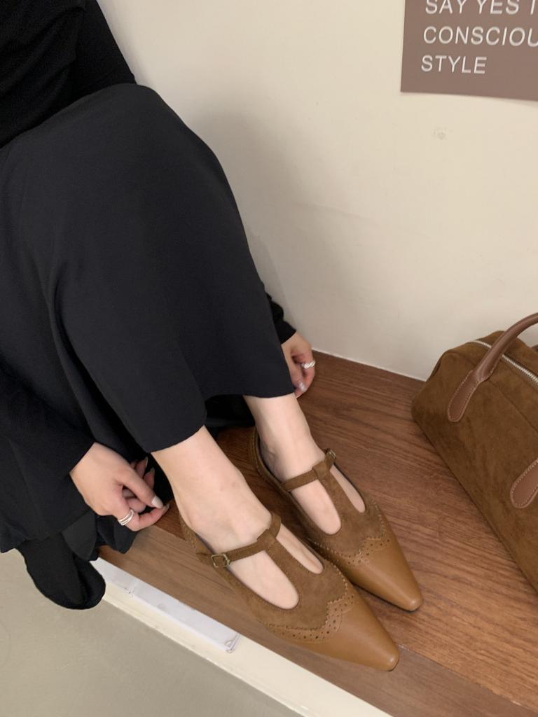 2025 autumn new French retro pointed head shallow mouth single shoes women's versatile low-heeled T-buckle with Mary Jane shoes