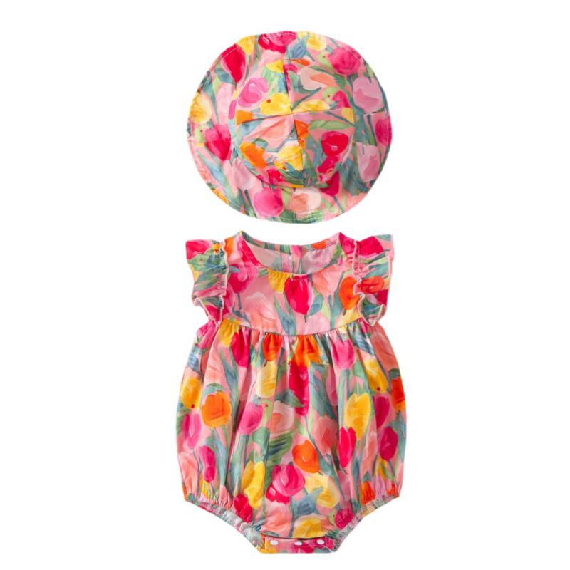 2PCS 0-2Y Baby Clothes Full of Tulip Toddler Girls Bodysuit One Piece Puff Sleeve Girls Clothes with Headband Infant Outfit
