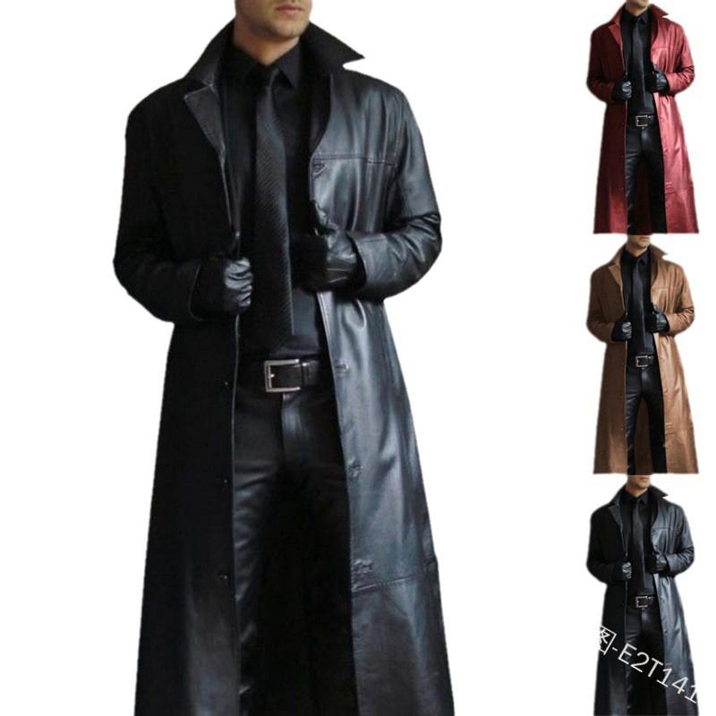 Mens Oversized Longline PU Leather Trench Coat Winter Casual Slim Fit Notched Collar Jacket