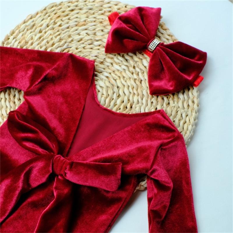 Baby Girls Photo Clothes Long Sleeve Jumpsuit Newborn Costume OnePiece Romper Bowknot Headband Infant Photo Outfit 2pcs