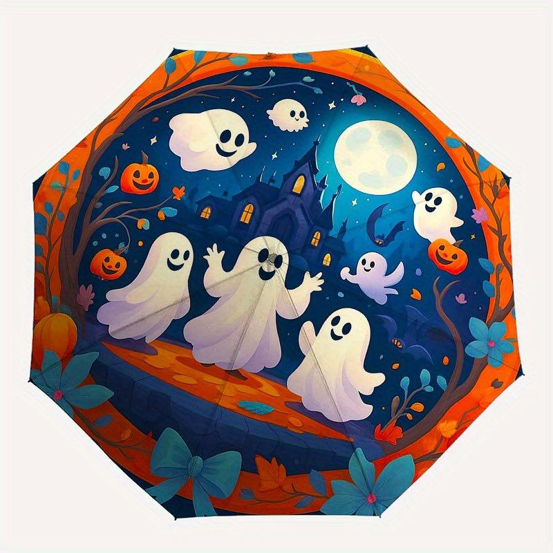 Halloween Geister und Kürbisse Rundes Wandkunst-Schirm, Tragbarer 3-fach Kompakt-Schirm für Männer & Frauen R157