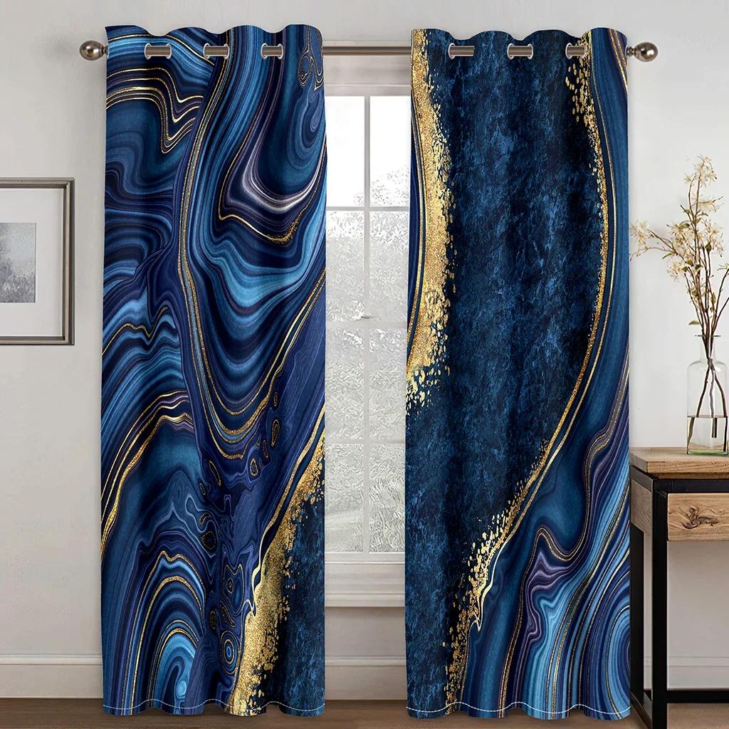 Ready-made Abstract Marble Blue Gold Design Cheap Modern Thin 2 Pieces Curtains for Living Room Bedroom Window Drape Home Decor