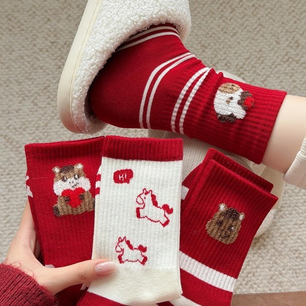 Soft Cartoon Red Socks Cotton Year of The Horse Socks Ladies Socks Zodiac Year Socks  Gift