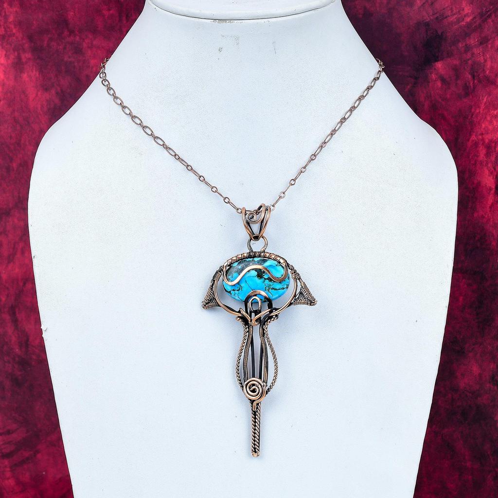 Tibetan Turquoise Pendant Handmade Gemstone Jewelry Copper Wire Wrapped Pendant