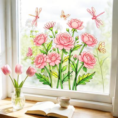 Sticker Statique pour Vitre, Décalcomanie Roses Douces avec Libellules et Papillons, Film pour Fenêtre sans Colle Imperméable Anti-UV pour Chambre à Coucher Salon Balcon
