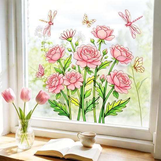 Static Glass Sticker Soft Dragonflies And Butterflies Roses Decal with No Glue Waterproof