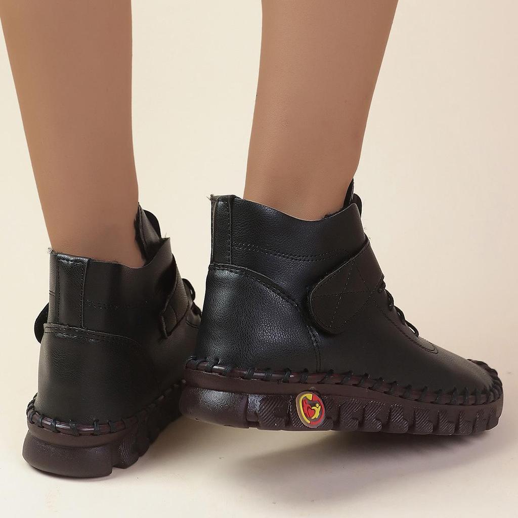 2024 Autumn/Winter Plus Size Women’s Leather Ankle Boots, Round Toe Flat Heel Velcro Style