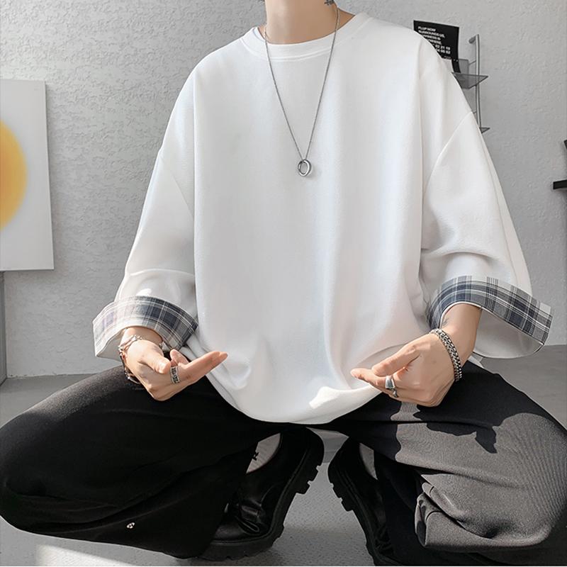 Men T Shirts Summer Men's T-shirts Women Oversized 2XL Korean Style Loose Plaid T-shirt Casual Seven Sleeves T-Shirt Male White