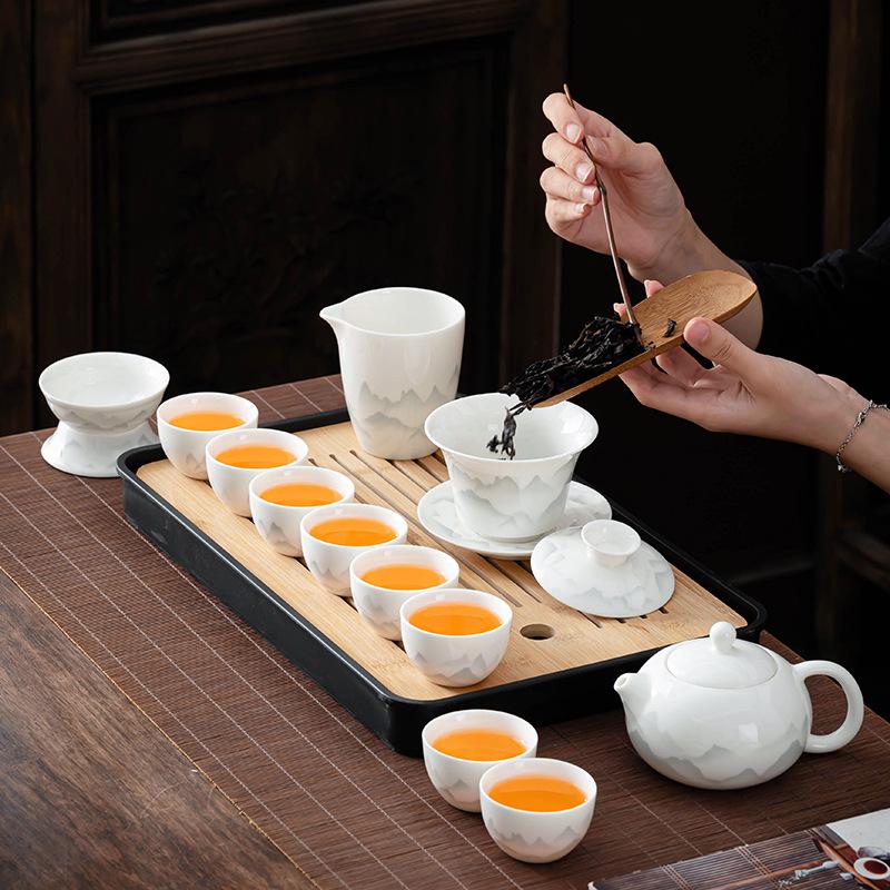 Ink Suet Jade Kung Fu White Porcelain Set High-end Tea Set Household High-end Teapot