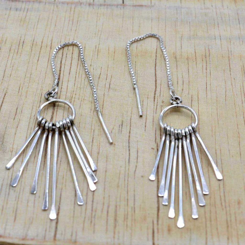 Tassel Drop Dangle 925 Silver Women Earrings, Fringe Ethnic Handmade Threader Earrings