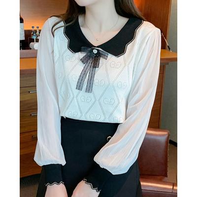 Sweet Bow Tie Puff Sleeve Doll Collar Women Shirt Fashion New Loose Slim Women Blouses and Tops Elegant Solid Vintage Shirts Female Clothing 24741