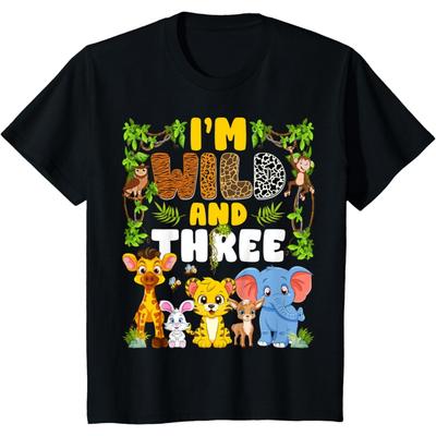 Kids I'm Wild And Three Jungle Safari Animal 3rd Birthday Kids T-Shirt