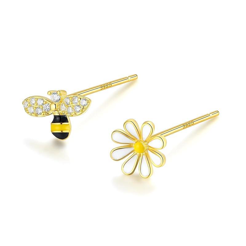 

earrings Silver925 silver earrings silver gold 18K coating bee bee flower flower Hana asymmetrical asymmetry Compatible with metal allergies (gold)