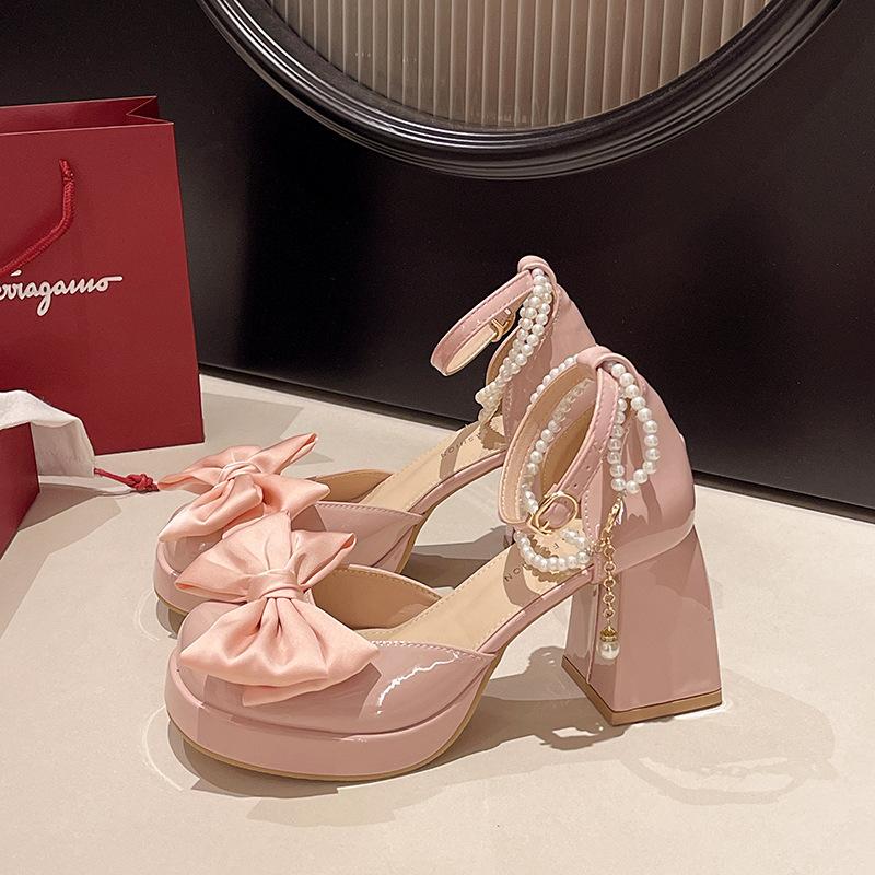 Mary Jane High Heels with Skirt Thick Heel Waterproof Table White Wedding Shoes Small Leather Shoes Pearl Bow Single Shoes