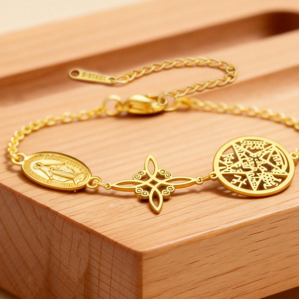 Stainless Steel Triple Protection Bracelet Witch Knot Virgin Mary Pentagram Tetragrammaton Three Types Amulet Jewelry for Women