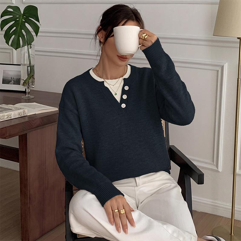2026 Autumn/Winter Casual Knit V-neck Henley Collar Loose Sweater for Women