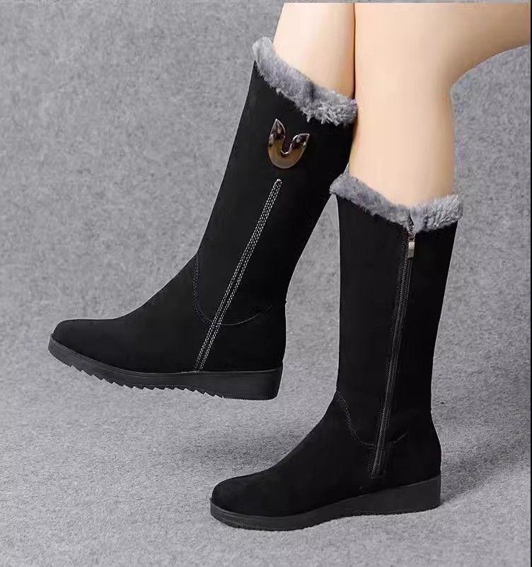 Women's High-Top Mid-Calf Snow Boots, Velvet-Lined, Non-Slip, Lightweight, Warm, Flat Bottom.